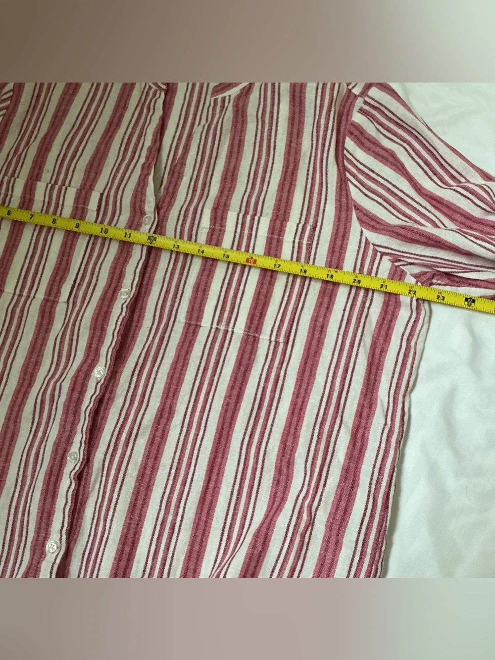 Nine West Pink and White Linen blend Striped Button-Down V-Neck Shirt - Picture 7 of 7